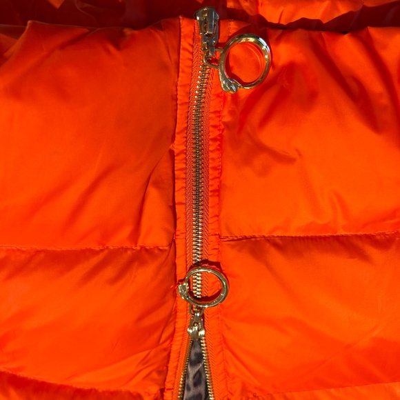 CAVALLI CLASS Woman's Orange Puff Bomber Jacket with hood, Animal Print lining - Picture 3 of 8